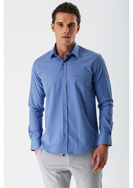 Mavi Uzun Kollu Armürlü Cepsiz Pamuklu Likralı Slim Fit Dar Kesim Gömlek 1004240193