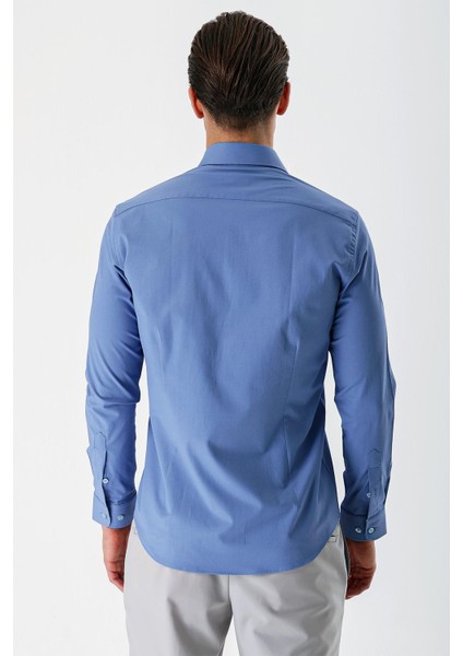 Mavi Uzun Kollu Armürlü Cepsiz Pamuklu Likralı Slim Fit Dar Kesim Gömlek 1004240193 fiyatları