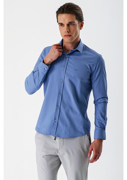Mavi Uzun Kollu Armürlü Cepsiz Pamuklu Likralı Slim Fit Dar Kesim Gömlek 1004240193 modelleri