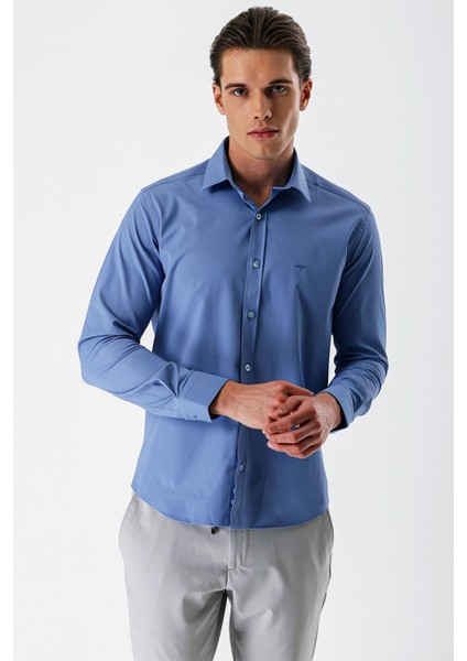 Mavi Uzun Kollu Armürlü Cepsiz Pamuklu Likralı Slim Fit Dar Kesim Gömlek 1004240193 fırsatları