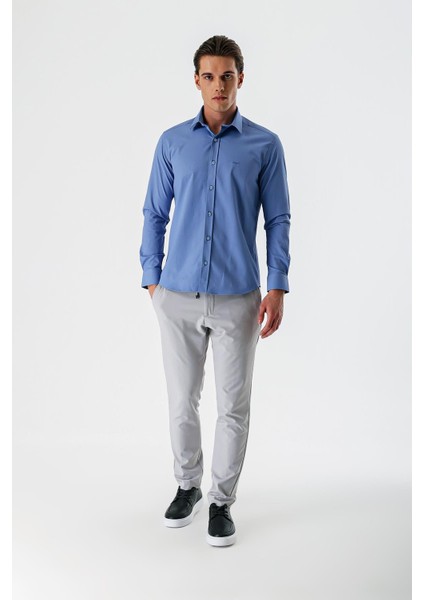 Mavi Uzun Kollu Armürlü Cepsiz Pamuklu Likralı Slim Fit Dar Kesim Gömlek 1004240193 indirimleri