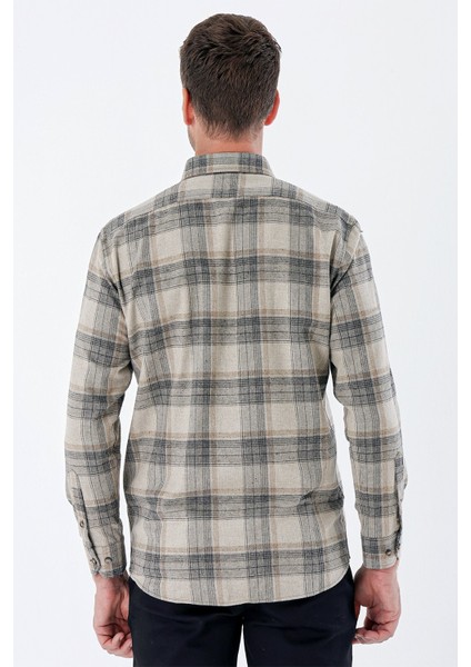 Açık Bej Uzun Kollu Ekoseli Gabardin Sert Yaka Cepli Garnili Casual Comfort Fit Gömlek 1004235111 fiyatları