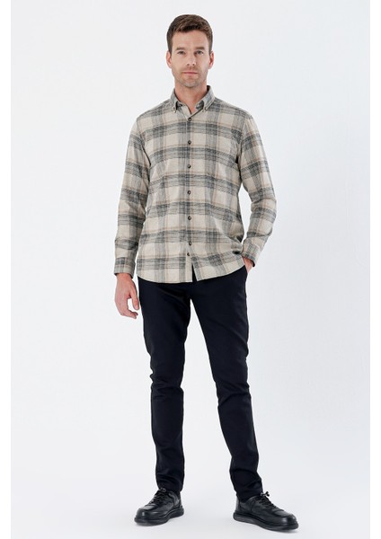 Açık Bej Uzun Kollu Ekoseli Gabardin Sert Yaka Cepli Garnili Casual Comfort Fit Gömlek 1004235111 indirimleri