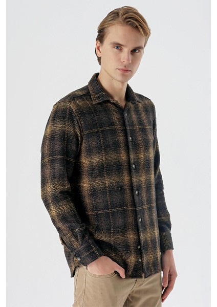 Sarı Uzun Kollu Ekoseli Gabardin Yumuşak Yaka Cepsiz Pamuklu Comfort Fit Gömlek 1004235216 modelleri