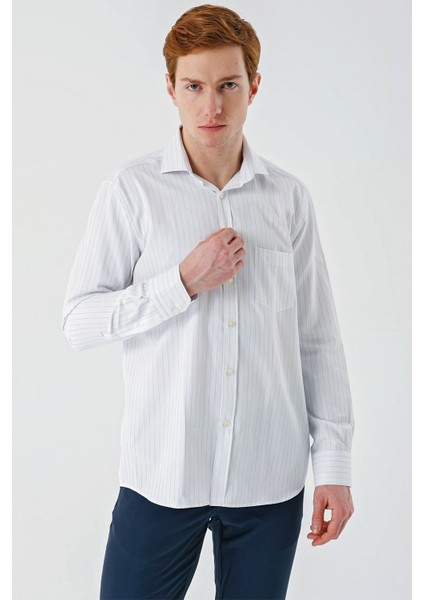 Siyah Uzun Kollu Çizgili Armürlü İtalyan Yaka Cepli Garnili Pamuklu Comfort Fit Gömlek 1004240152