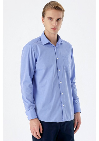 Mavi Uzun Kollu Filafil Sert Yaka Cepli Pamuklu Basic Comfort Fit Gömlek 1004240002