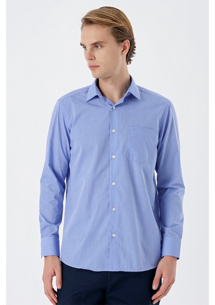 Mavi Uzun Kollu Filafil Sert Yaka Cepli Pamuklu Basic Comfort Fit Gömlek 1004240002 fiyatları