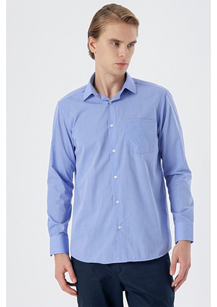 Mavi Uzun Kollu Filafil Sert Yaka Cepli Pamuklu Basic Comfort Fit Gömlek 1004240002 modelleri