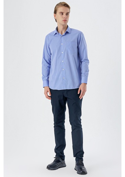 Mavi Uzun Kollu Filafil Sert Yaka Cepli Pamuklu Basic Comfort Fit Gömlek 1004240002 fırsatları