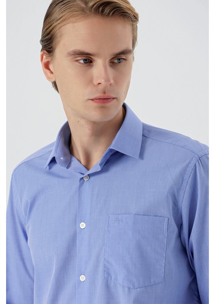 Mavi Uzun Kollu Filafil Sert Yaka Cepli Pamuklu Basic Comfort Fit Gömlek 1004240002 indirimleri