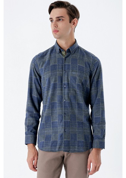 Koyu Haki Uzun Kollu Kareli Cepli Garnili Pamuklu Klasik Comfort Fit Gömlek 1004235141