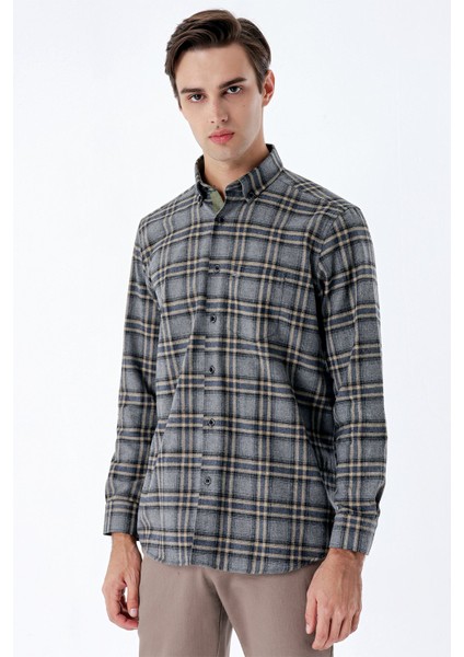 Füme Uzun Kollu Ekoseli Gabardin Sert Yaka Cepli Garnili Casual Comfort Fit Gömlek 1004235109 indirimleri