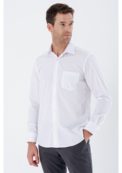 Beyaz Uzun Kollu Bez Ayağı Sert Yaka Cepli Pamuklu Comfort Fit Rahat Kesim Gömlek 1004235351 modelleri