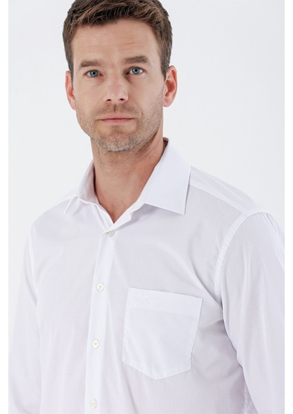Beyaz Uzun Kollu Bez Ayağı Sert Yaka Cepli Pamuklu Comfort Fit Rahat Kesim Gömlek 1004235351 indirimleri
