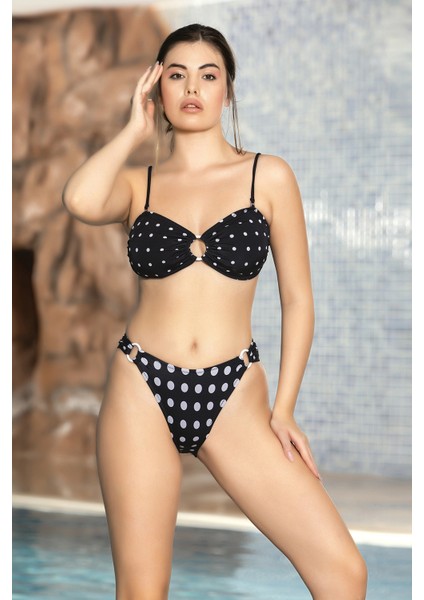 Kadın Siyah Puantiyeli Ip Askılı Halka Detaylı Straples Bikini Takım HZL24S-AR1652