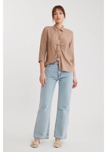 Önü Büzgülü Viskon Keten Gömlek