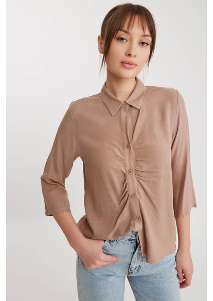 Önü Büzgülü Viskon Keten Gömlek modelleri