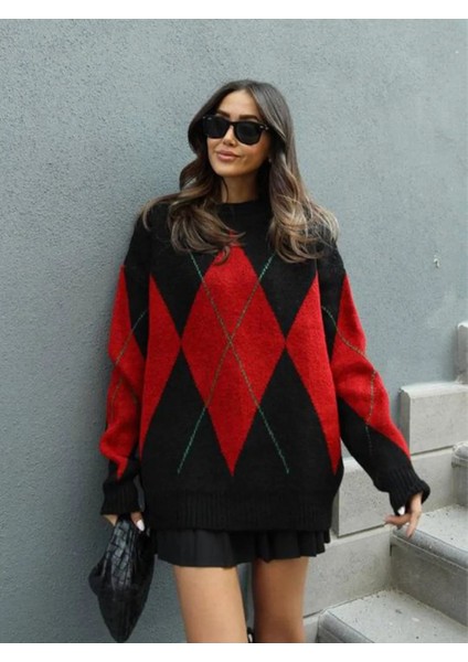 Kadın Siyah Kırmızı Old Money Baklava Desenli Kazak