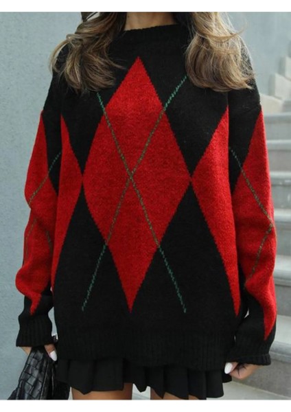 Kadın Siyah Kırmızı Old Money Baklava Desenli Kazak fiyatları