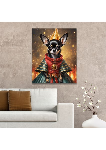 Tekli Dikey Kanvas Duvar Tablosu Kral Kostümlü Köpek Chihuahua