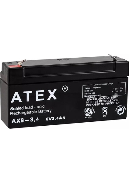 Atex Ax6-3.4 6 Volt - 3.4 Amper Yatık Akü (12.5X6X3CM) (4434)