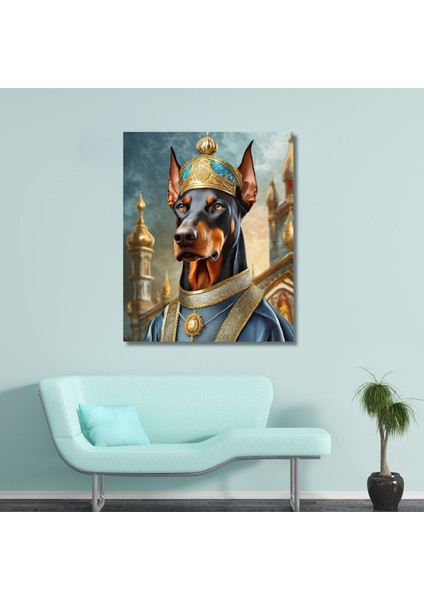 Tekli Dikey Kanvas Duvar Tablosu Kral Kostümlü Doberman Köpek