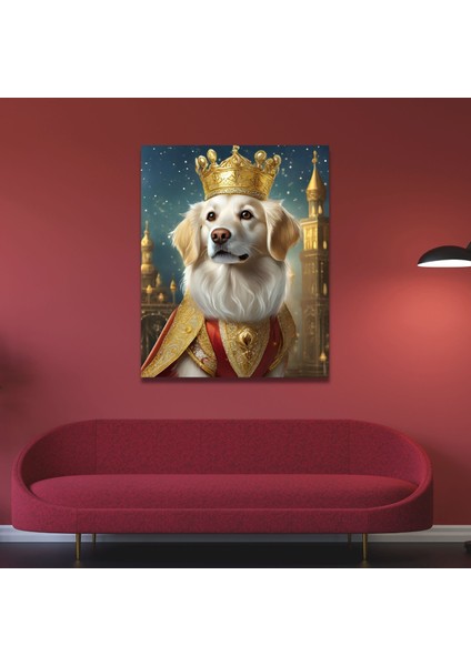 Tekli Dikey Kanvas Duvar Tablosu Kral Kostümlü Beyaz Golden Köpek