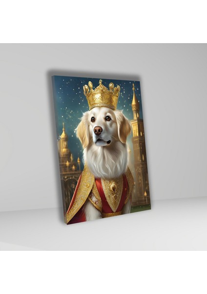 Tekli Dikey Kanvas Duvar Tablosu Kral Kostümlü Beyaz Golden Köpek fiyatları
