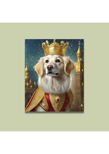 Tekli Dikey Kanvas Duvar Tablosu Kral Kostümlü Beyaz Golden Köpek modelleri