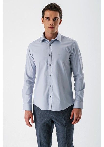 Gri Uzun Kollu Armürlü Cepsiz Pamuklu Likralı Slim Fit Dar Kesim Gömlek 1004240193
