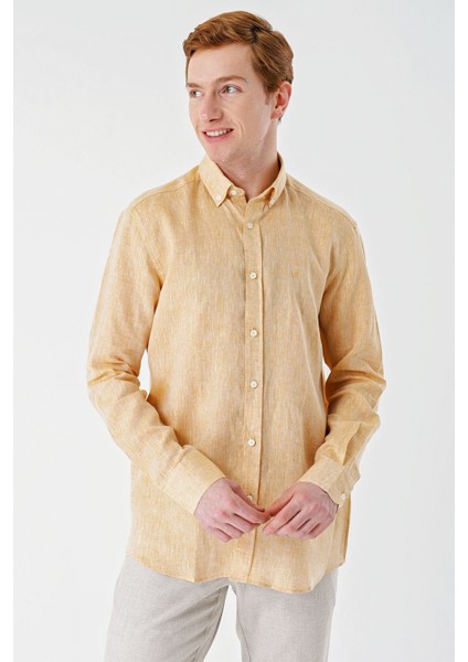 Hardal Uzun Kollu Cepsiz Biyeli %100 Keten Klasik Comfort Fit Rahat Kesim Gömlek 1004240186