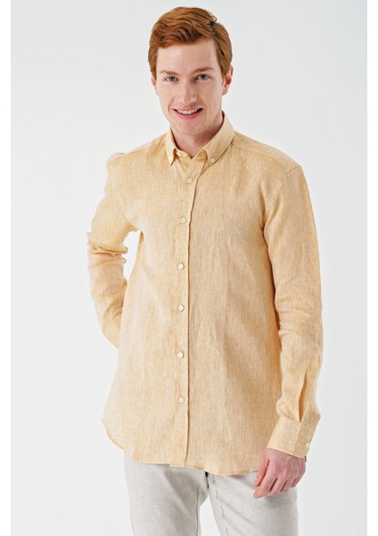 Hardal Uzun Kollu Cepsiz Biyeli %100 Keten Klasik Comfort Fit Rahat Kesim Gömlek 1004240186 fiyatları