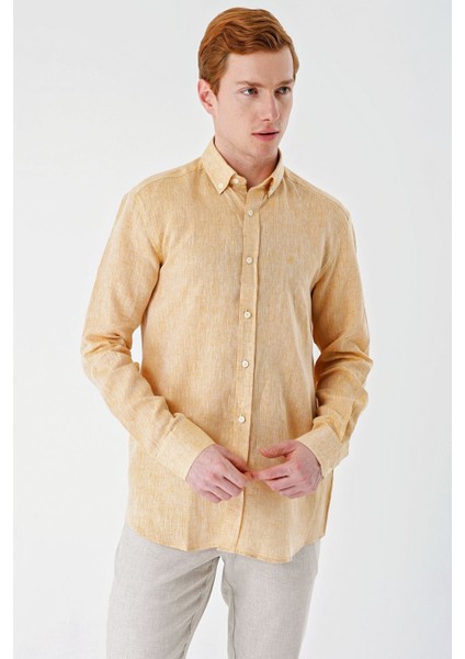 Hardal Uzun Kollu Cepsiz Biyeli %100 Keten Klasik Comfort Fit Rahat Kesim Gömlek 1004240186 modelleri