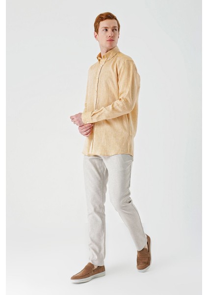 Hardal Uzun Kollu Cepsiz Biyeli %100 Keten Klasik Comfort Fit Rahat Kesim Gömlek 1004240186 fırsatları