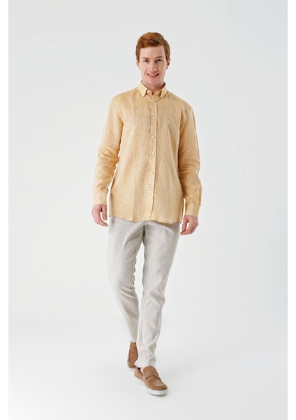 Hardal Uzun Kollu Cepsiz Biyeli %100 Keten Klasik Comfort Fit Rahat Kesim Gömlek 1004240186 indirimleri