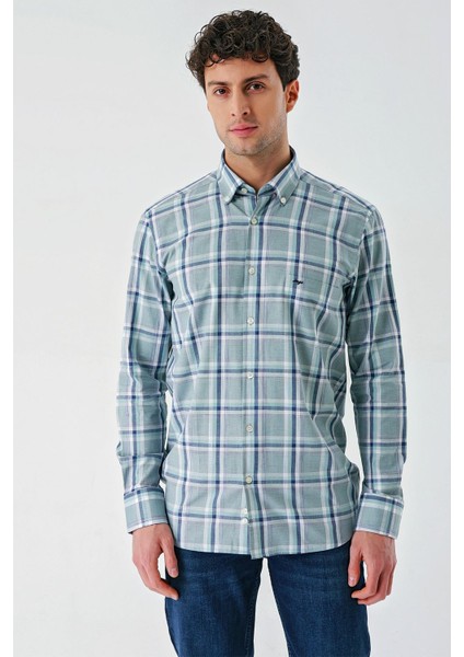 Su Yeşili Uzun Kollu Ekoseli Cepli %100 Pamuk Klasik Comfort Fit Rahat Kesim Gömlek 1004240184