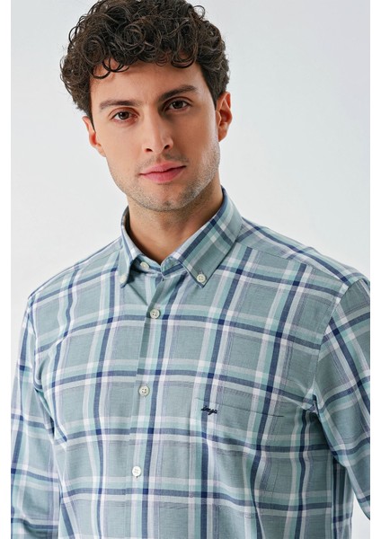 Su Yeşili Uzun Kollu Ekoseli Cepli %100 Pamuk Klasik Comfort Fit Rahat Kesim Gömlek 1004240184 fiyatları