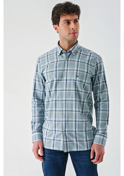 Su Yeşili Uzun Kollu Ekoseli Cepli %100 Pamuk Klasik Comfort Fit Rahat Kesim Gömlek 1004240184 modelleri
