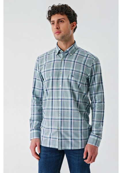 Su Yeşili Uzun Kollu Ekoseli Cepli %100 Pamuk Klasik Comfort Fit Rahat Kesim Gömlek 1004240184 indirimleri