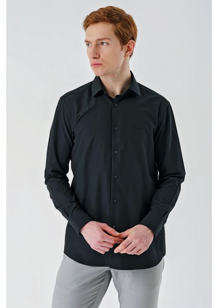 Siyah Uzun Kollu Sert Yaka Cepsiz Pamuklu Klasik Comfort Fit Rahat Kesim Gömlek 1004240187 modelleri