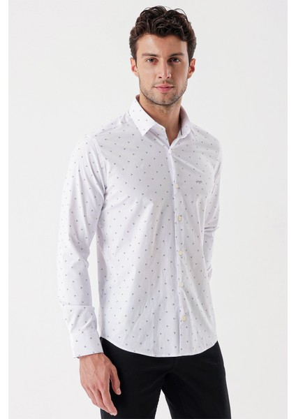 Beyaz Uzun Kollu Baskılı Bez Ayağı Sert Yaka Cepsiz Garnili Klasik Slim Fit Gömlek 1004235106 modelleri