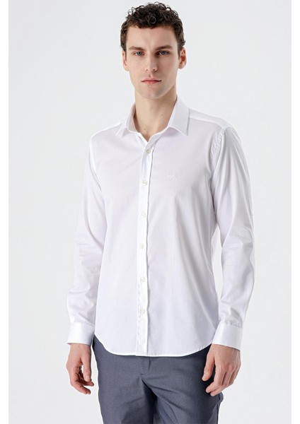 Beyaz Uzun Kollu Sert Yaka Cepsiz %100 Pamuk Klasik Slim Fit Dar Kesim Gömlek 1004235424