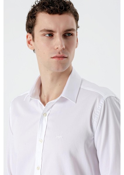 Beyaz Uzun Kollu Sert Yaka Cepsiz %100 Pamuk Klasik Slim Fit Dar Kesim Gömlek 1004235424 indirimleri