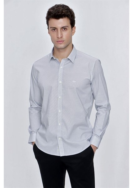Beyaz Uzun Kol Baskılı Bez Ayağı Sert Yaka Klasik Slim Fit Dar Kesim Pamuklu Likralı Gömlek 1004225213