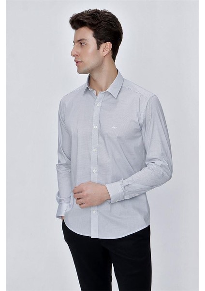 Beyaz Uzun Kol Baskılı Bez Ayağı Sert Yaka Klasik Slim Fit Dar Kesim Pamuklu Likralı Gömlek 1004225213 fırsatları