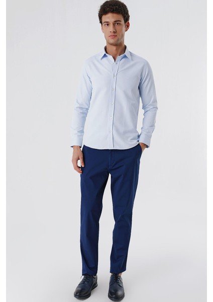 Koyu Mavi Uzun Kollu Armürlü Cepsiz Pamuklu Likralı Slim Fit Dar Kesim Gömlek 1004240193 fiyatları