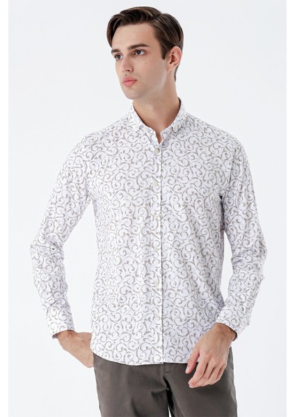 Bej Uzun Kollu Baskılı Bez Ayağı Cepsiz Pamuklu Likralı Klasik Slim Fit Gömlek 1004235208