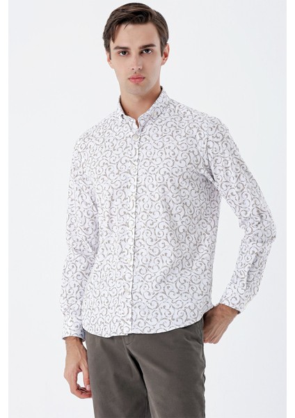 Bej Uzun Kollu Baskılı Bez Ayağı Cepsiz Pamuklu Likralı Klasik Slim Fit Gömlek 1004235208 fiyatları