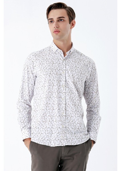Bej Uzun Kollu Baskılı Bez Ayağı Cepsiz Pamuklu Likralı Klasik Slim Fit Gömlek 1004235208 modelleri