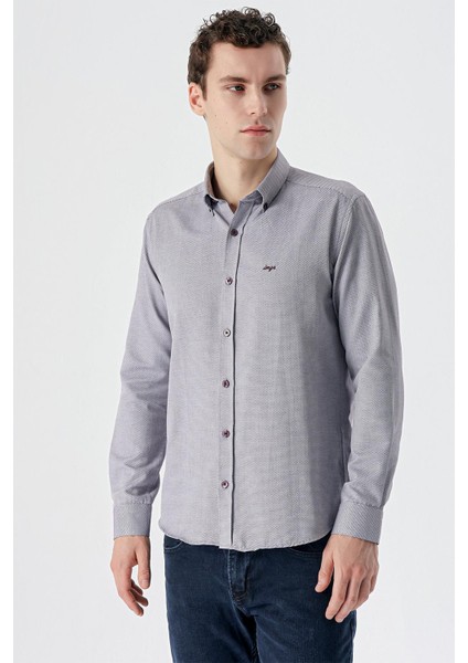 Bordo Uzun Kollu Desenli Armürlü Düğmeli Yaka Cepsiz Pamuklu Klasik Slim Fit Gömlek 1004235148